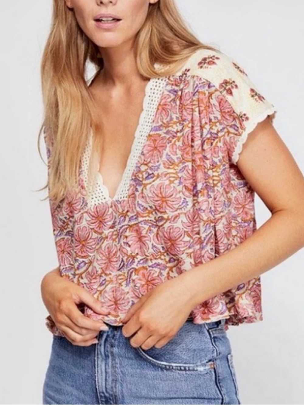 Free People Leilani Knit Top with Crochet Trim - Medium